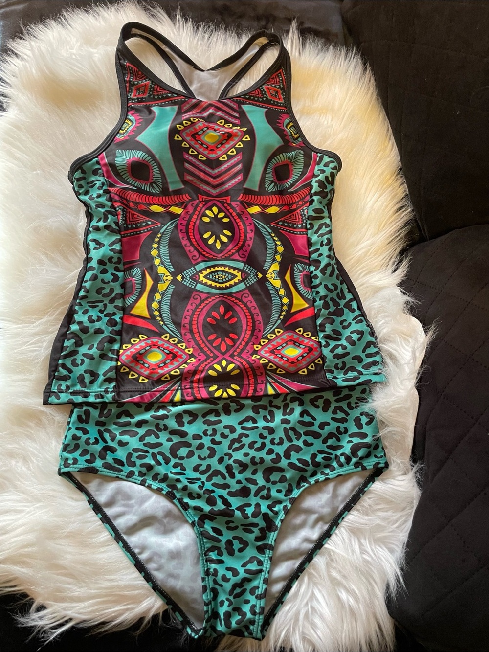 Two-Piece Printed Tankini Set in Teal Leopard & Multicolor Pattern